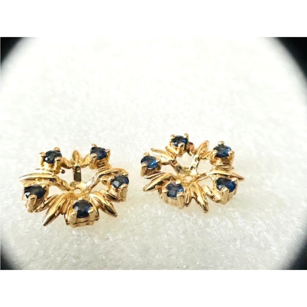 Estate 14K Yellow Gold Sapphire Stud Earring "Flower" Jackets - Picture 3 of 8